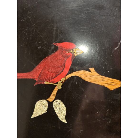 Couroc of Monterey Red Cardinal Bird on Branch Round Black Tray Platter 10½" GUC - Picture 5 of 11